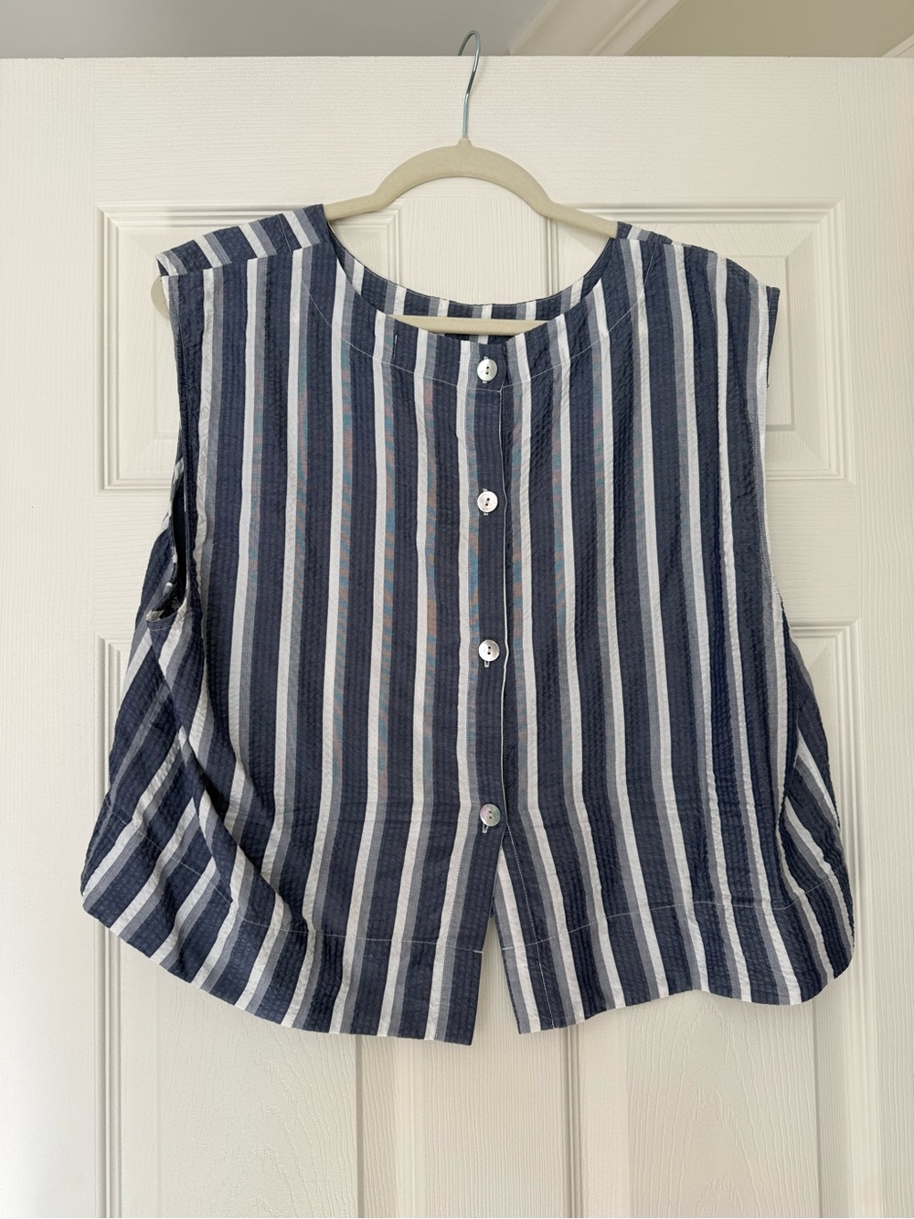 Sleeveless Navy and White Striped Button-Front Top by